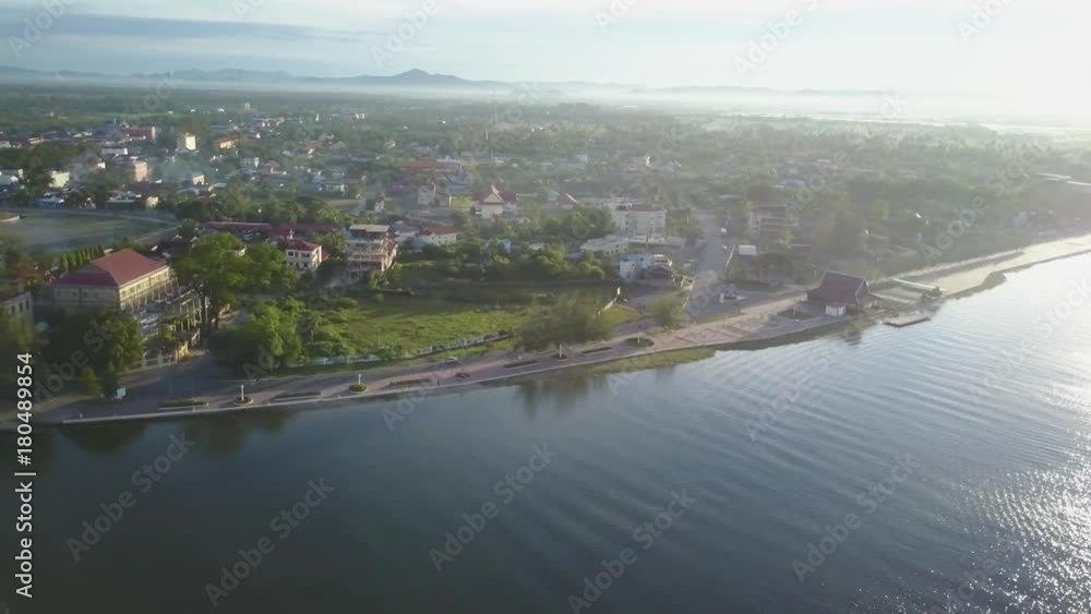 Aerial shot of the waterfront of Kampot, Cambodia. Aerial shot of the waterfront of Kampot, Cambodia.