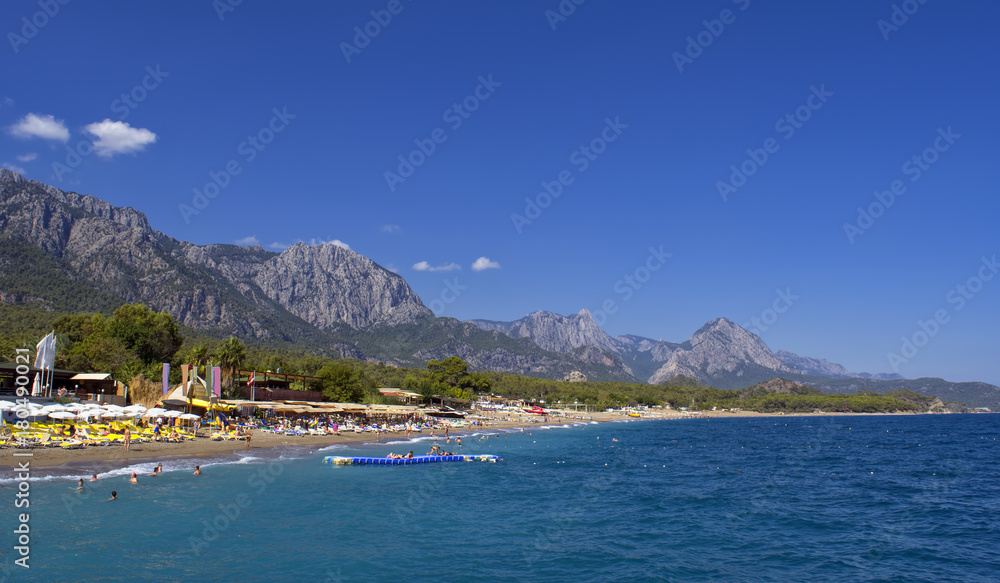Beach on the Mediterranean Sea with a view on the mountain. Kemer, Turkey