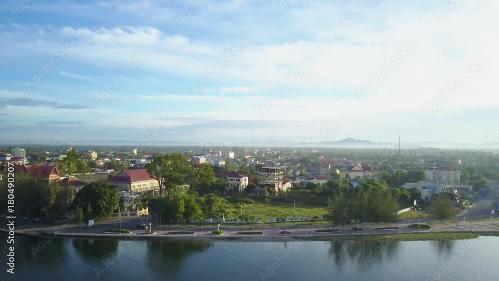 Aerial shot of the waterfront of Kampot, Cambodia. Aerial shot of the waterfront of Kampot, Cambodia.