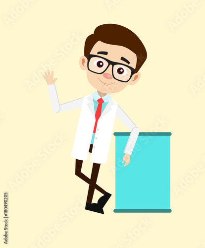 Young Gastroenterologist Doctor Hello Gesture with Blank Banner Vector