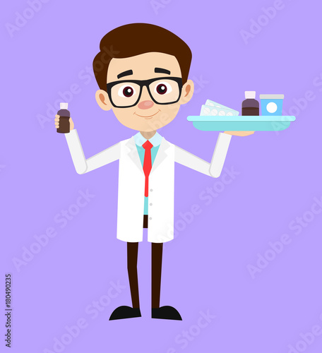 Cartoon Sleep disorders specialist Presenting Medicines Vector