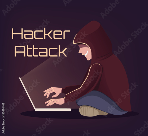 Angry smiling computer hacker man character trying crack online cyber internet bank system. Online fraud concept. Vector flat illustration