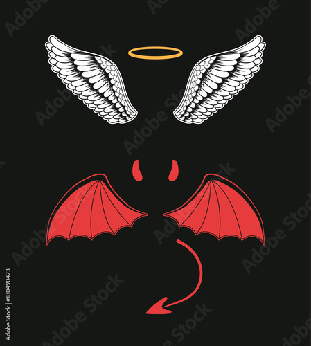 Angel and devil suit elements. Good and bad. Vector flat cartoon illustration