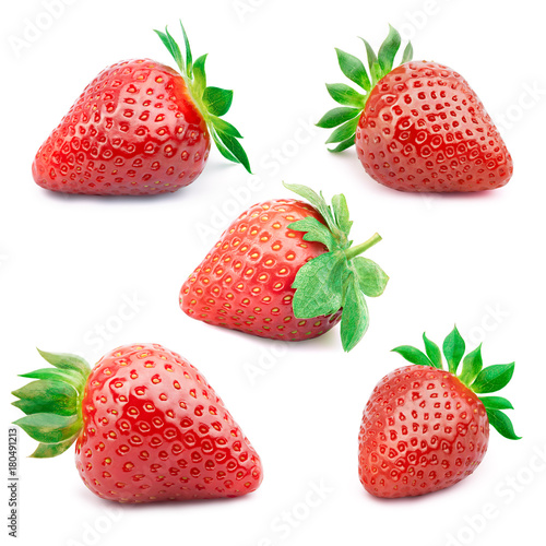Set of five perfectly cleaned strawberries with leaves isolated on the white background with clipping path.