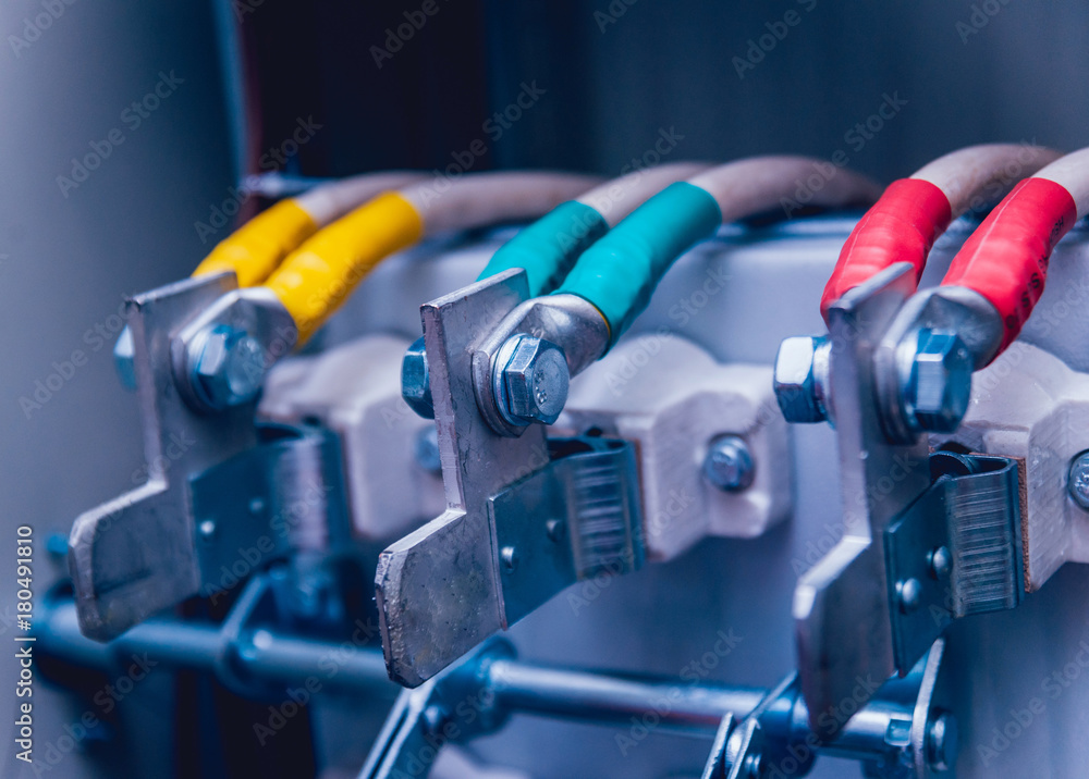Wires and switches in electric box. Electrical panel with fuses and contactors Wires and switches in electric box. Electrical panel with fuses and contactors