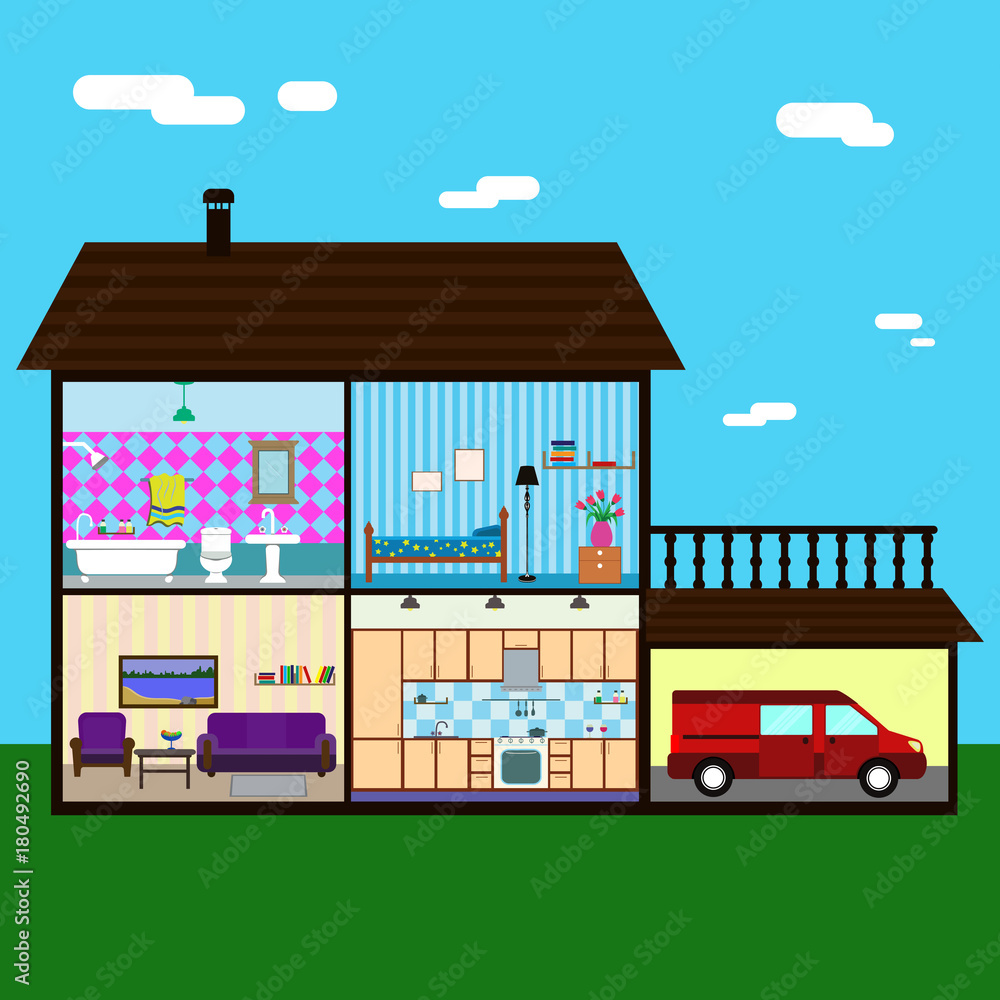 vector illustration of house in cut view with room interiors, domestic lifestyle concept