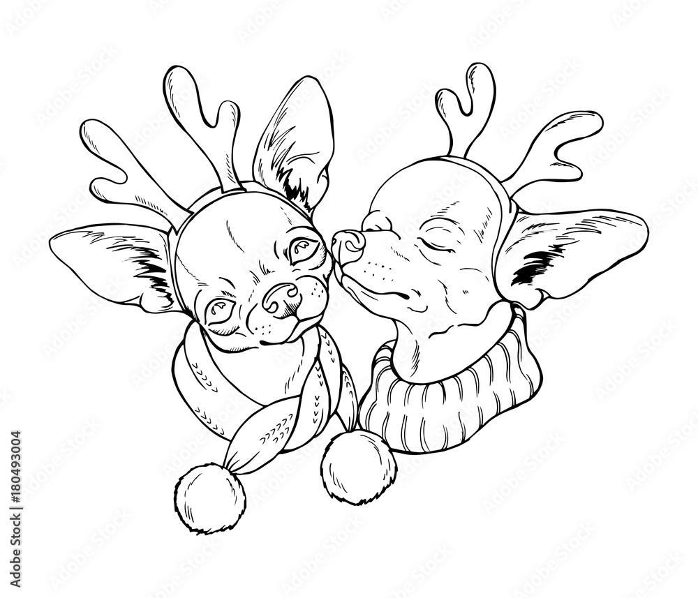 two cute dogs in New Year's costumes, pets chihuahua in deers costumes, christmas illustration, vector two cute dogs in New Year's costumes, pets chihuahua in deers costumes, christmas illustration, vector