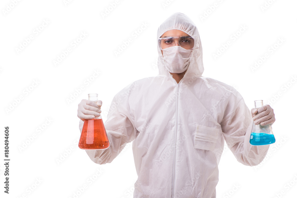 Chemist working with radioactive substances isolated on white ba Chemist working with radioactive substances isolated on white ba