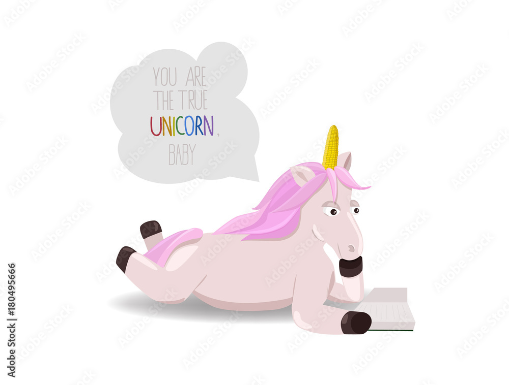 Unicorn with pink hair reads a book isolated on white background. Magic creature and motivational quote. Unicorn lying and reading. Unicorn with pink hair reads a book isolated on white background. Magic creature and motivational quote. Unicorn lying and reading.