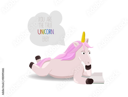 Unicorn with pink hair reads a book isolated on white background. Magic creature and motivational quote. Unicorn lying and reading.