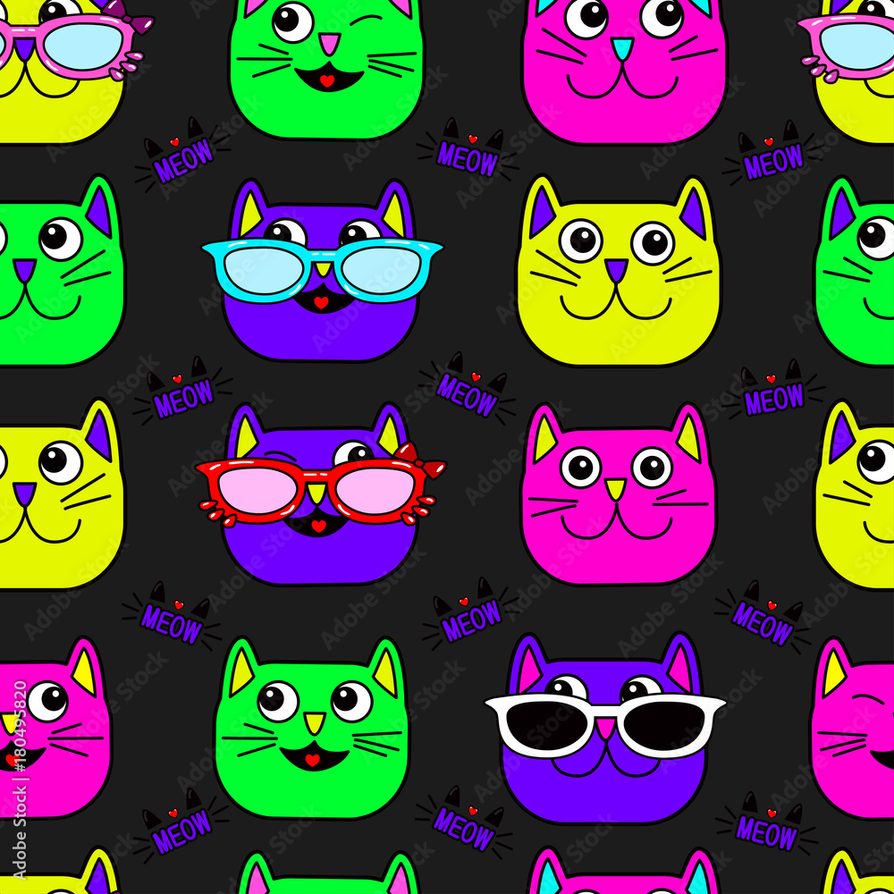 Abstract seamless cat pattern for girls, boys, clothes. Creative vector background with cat, glasses, eyes, mustache. Funny cat wallpaper for textile and fabric. Fashion pattern style. Colorful bright