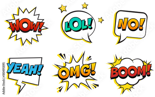 Retro comic speech bubbles set on white background. Expression text WOW, LOL, NO, YEAH, OMG, BOOM. Vector illustration, vintage design, pop art style.