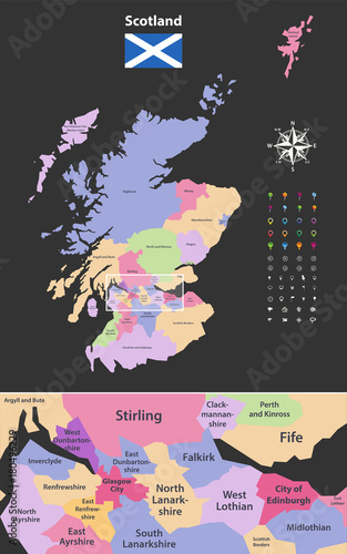 Scotland unitary authorities vector map with close up of region include city of Edinburgh and Glasgow city. Flag of Scotland. Navigation, location and travel icons