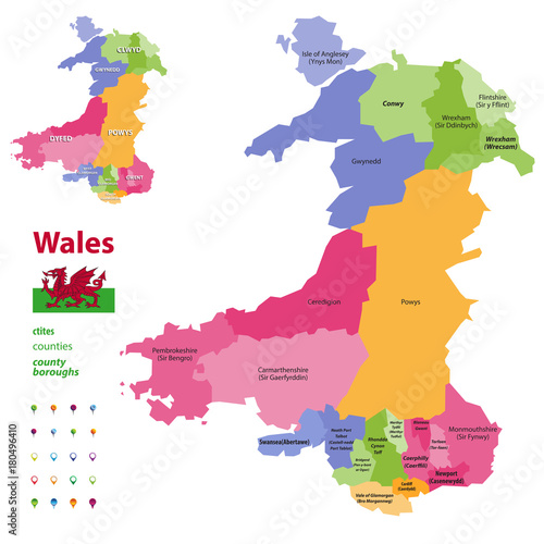 Wales preserved counties vector administrative map with districts(cities, counties and city boroughs). Welsh-language forms are given in parentheses, where they differ from the English ones photo