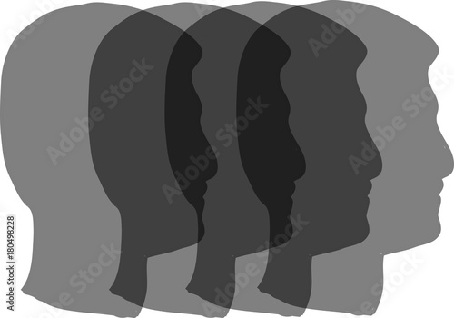 The head of a man copied several times in horizontal series representing multiple personalities