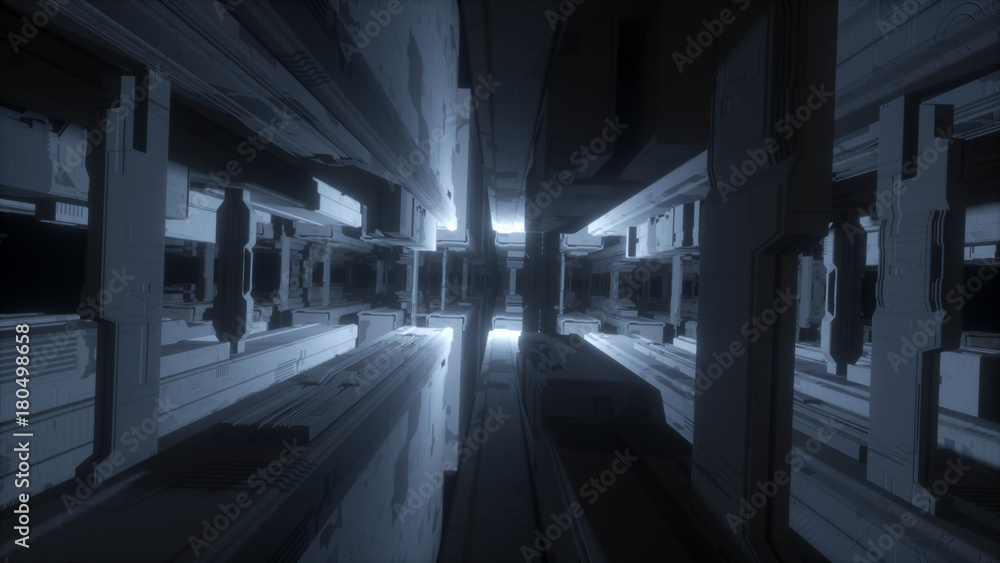 3d render, abstract urban geometric background, futuristic storage room interior, space station, geometric structure, tunnel, corridor, drone, space startion, cyber safety, virtual reality