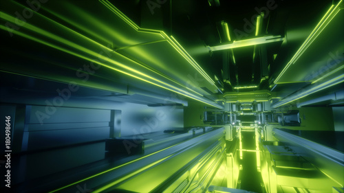 3d render, abstract urban geometric background, futuristic space station interior, green neon light,  geometric structure, tunnel, corridor, drone, space startion, cyber safety, virtual reality photo