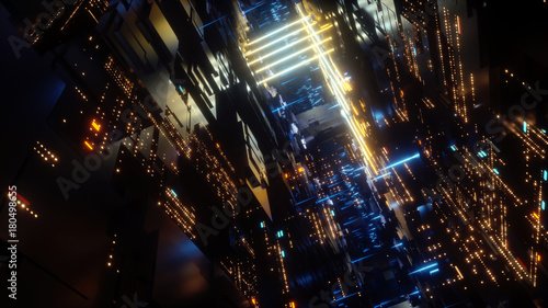 Fototapeta Naklejka Na Ścianę i Meble -  3d render, abstract futuristic urban background, night city, neon lights, virtual reality, cyber safety, electronics, networking, cryptography, quantum computer