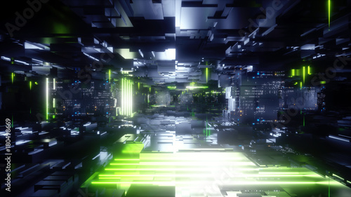 Fototapeta Naklejka Na Ścianę i Meble -  3d render, abstract urban black background, futuristic wallpaper, green neon light glow, geometric construction