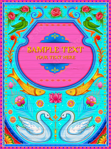 Colorful welcome banner in truck art kitsch style of India