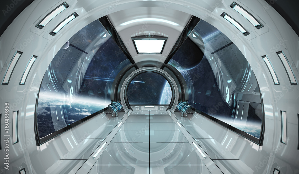 Spaceship interior with view on planets 3D rendering elements of this image furnished by NASA