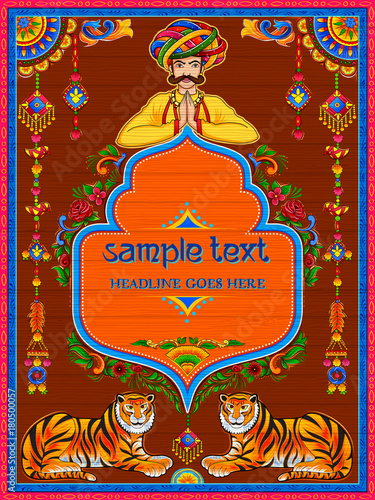 Colorful welcome banner in truck art kitsch style of India