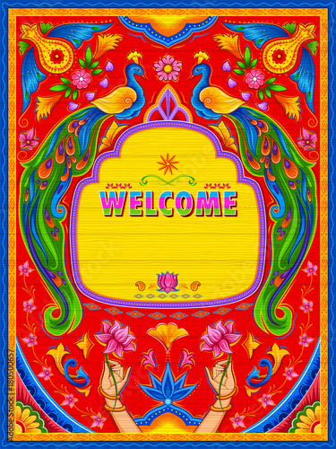 Colorful welcome banner in truck art kitsch style of India