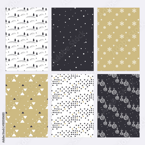 Set of flat design Christmas and New Year seamless patterns for wallpaper, web page background, pattern fills, scrapbook paper, textile, print templates, promotional material, wrapping paper 