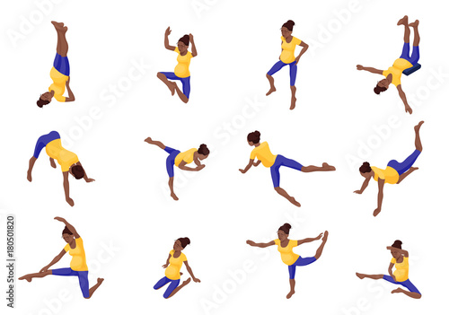Prenatal yoga big set with pregnant african woman doing physical fitness exercise, isometric 3d vector illustration with sport training, relaxation and meditation poses collection