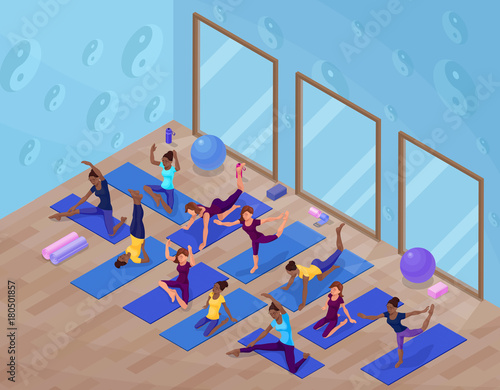 Yoga studio interior with woman doing physical fitness exercise, isometric 3d vector illustration with sport training, relaxation and meditation