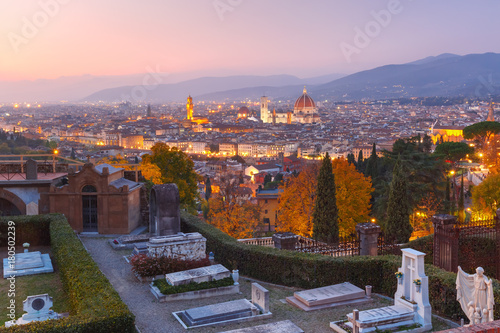 Duomo Santa Maria Del Fiore and tower of Palazzo Vecchio at beautiful sunset in Florence, Tuscany, Italy