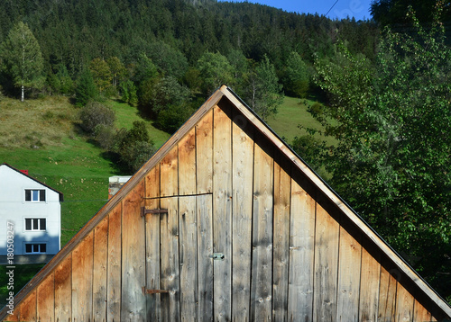 Wooden loft of an old house in the background of a summer forest photo