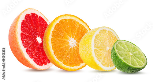 Citrus Fruit Set (orange, grapefruit, lime, lemon) isolated on white background.