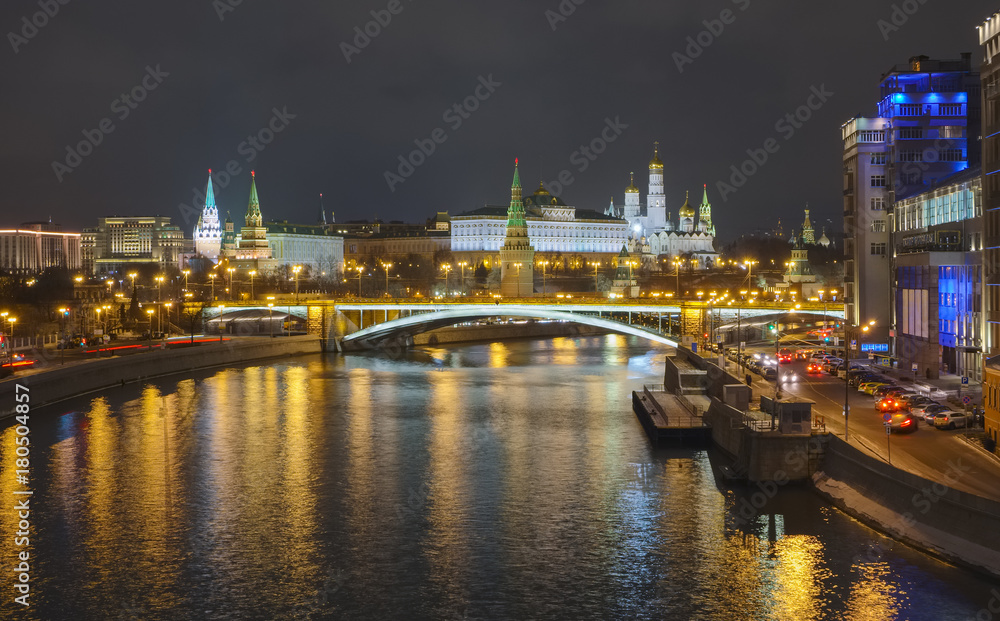 Moscow. Evening view of the Kremlin and the Great Stone Bridge from the Patriarchal bridge at night