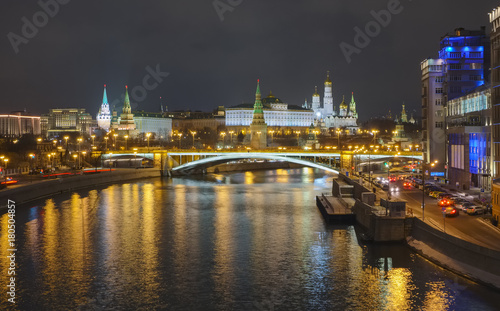 Moscow. Evening view of the Kremlin and the Great Stone Bridge from the Patriarchal bridge at night
