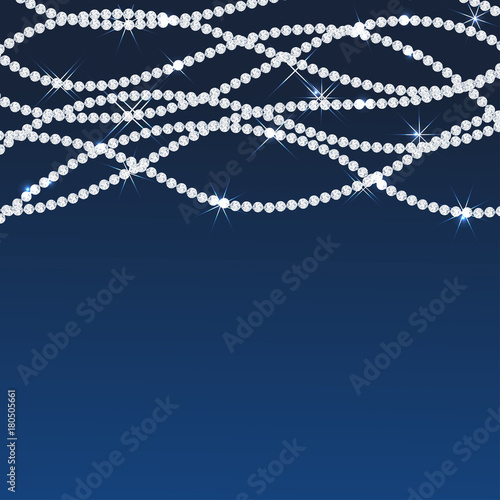 Diamond sparkling beads. Shining precious gems chain. Wavy lines. Modern jewelery background