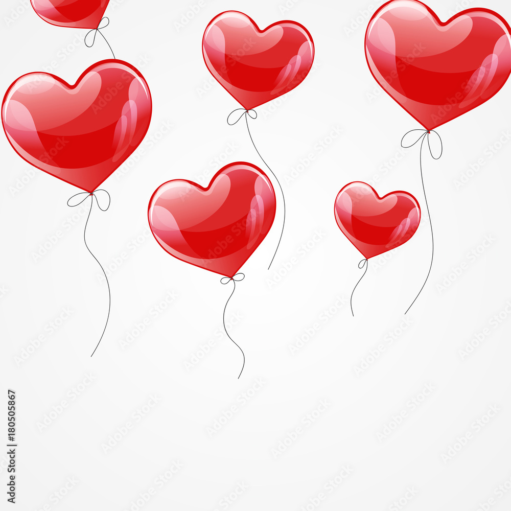 Vector holiday illustration of flying red balloon hearts. Happy Valentines Day. Festive decoration. Balloon Hearts.