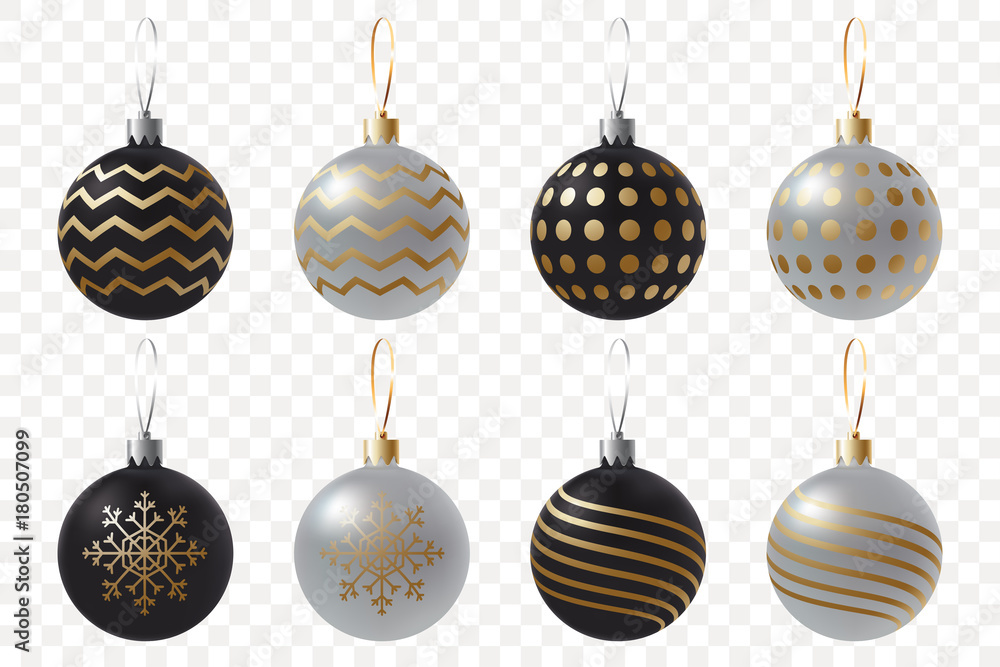 Creative black and silver Christmas balls set. Realistic christmas decoration with gold patterns isolated on transparent background. Traditional element of the New Year's holiday. Vector eps 10
