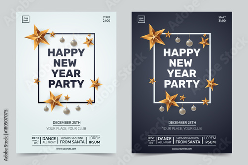 Happy new year party invitation. Black and white festive club posters with traditional decoration. Decorative frame with gold stars and Christmas balls. Xmas illustration.