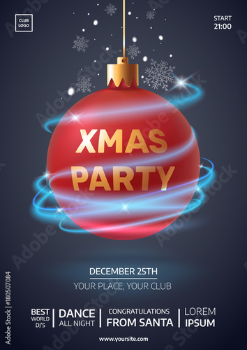 Xmas party invitation flyer. Realistic red christmas ball with falling snowflakes and glittering blue magic waves. New Year's holiday vector illustration. Applicable for web banner, poster, card.