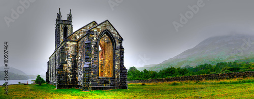 Hdr processing of Dunlewey or Dunlewy church in Co. Donegal. Dún Lúiche Landscape of Ireland.
