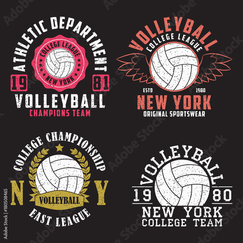 Set of Volleyball New York print for apparel with ball. Collection of vintage typography emblem for t-shirt. Design for athletic clothes. Vector illustration.