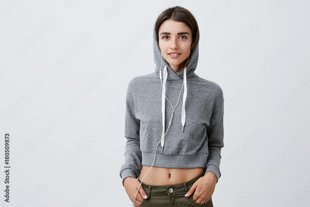 Close up of beautiful young caucasian girl with dark long hair