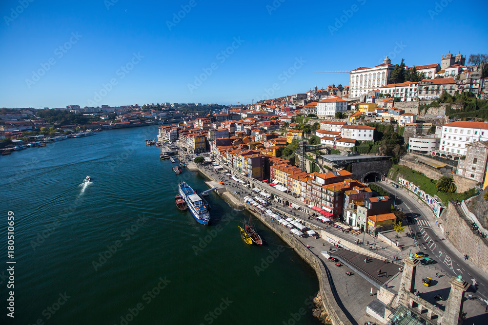 View of Douro river and Ribeiro from Dom Luis I bridge, Porto, Portugal.