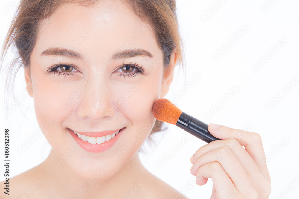 Beauty asian woman applying make up with brush of cheek isolated on white background, beautiful of girl holding blusher, skincare and cosmetic concept. Beauty asian woman applying make up with brush of cheek isolated on white background, beautiful of girl holding blusher, skincare and cosmetic concept.