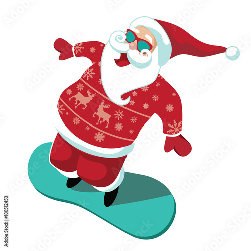 Christmas illustration cartoon Santa Claus snowboarding. EPS 10 vector.