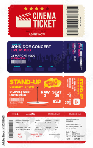 Concert and stand up comedy show tickets. Cinema ticket and airplane boarding pass. Big set of tickets templates