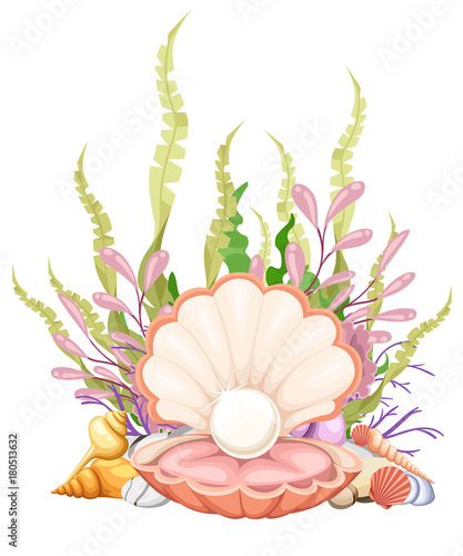 Finest quality beautiful natural open pearl shell close up realistic single valuable object image vector illustration Web site page and mobile app design.