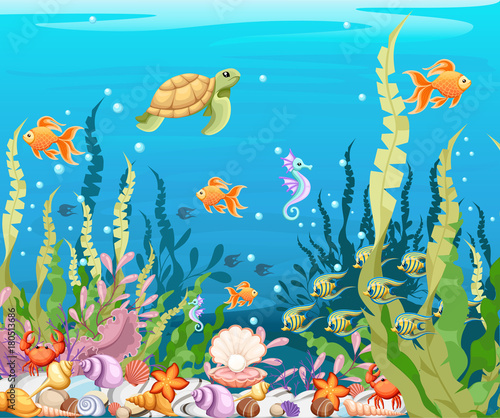 under the sea vector background Marine Life Landscape - the ocean and underwater world with different inhabitants. For print, create videos or web graphic design, user interface, card, poster.