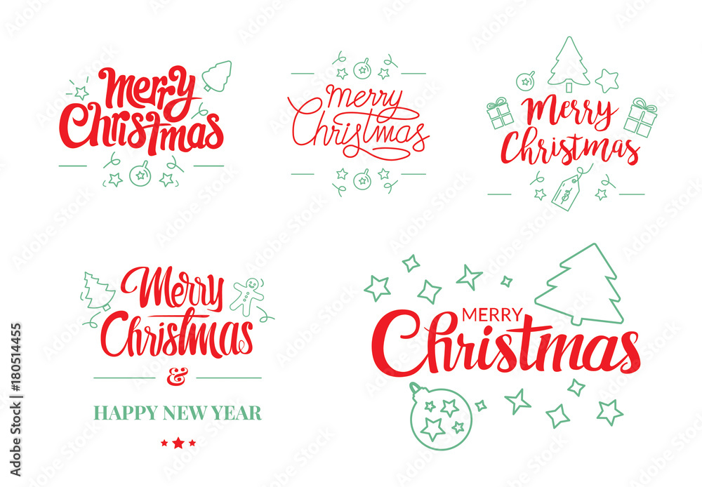 Decorative Christmas handwriting illustration with flat icons red and green. Typography set. Vector logo, text design. Usable for banners, greeting cards, gifts etc. Decorative Christmas handwriting illustration with flat icons red and green. Typography set. Vector logo, text design. Usable for banners, greeting cards, gifts etc.